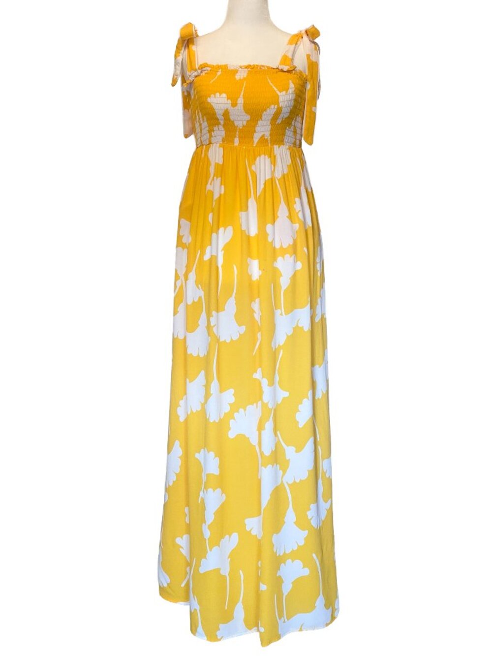 Diane Von Furstenberg x Target Smocked Maxi Yellow Sundress Sz XS Ginko Leaves